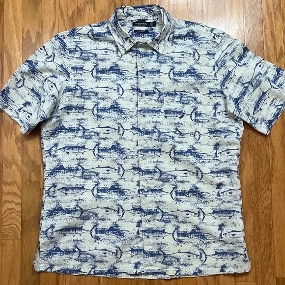 Nautica Shirts Nautica Large Fish Print Buttondown Linen Blend